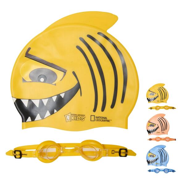 NWT National Geographic Boys and Girls Shark Swim Cap and Goggles Set - Picture 1 of 7